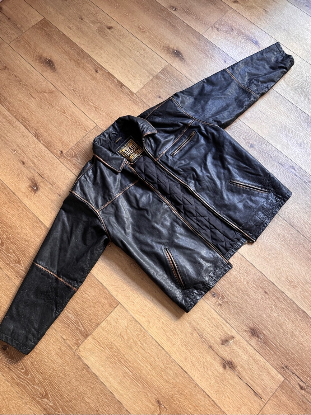 Classic Black Leather Bomber Jacket with Quilted Liner